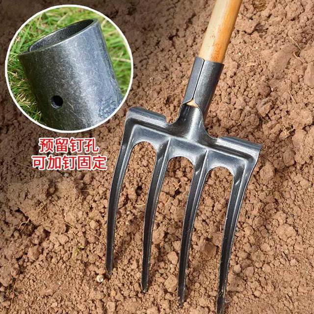 Four-pronged steel fork for turning and loosening soil, agricultural tool for turning over land and reclaiming wasteland, five-pronged fork, all-steel wooden pole, vegetable fork and ginger fork
