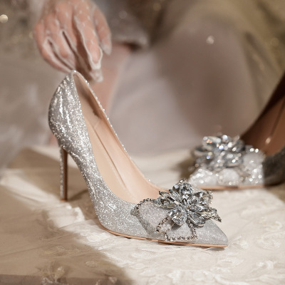 taobao agent Wedding shoes for bride pointy toe, silver crystal, footwear high heels, french style