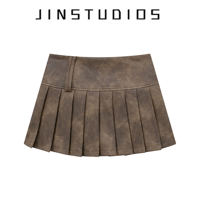 JIN homemade 23 autumn American retro hot girl style solid color pleated short skirt makes you look slim and long legs versatile A-line skirt leather skirt