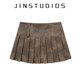 JIN homemade 23 autumn American retro hot girl style solid color pleated short skirt makes you look slim and long legs versatile A-line skirt leather skirt