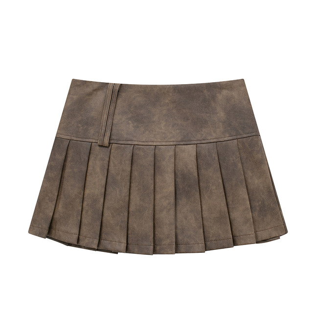 JIN homemade 23 autumn American retro hot girl style solid color pleated short skirt makes you look slim and long legs versatile A-line skirt leather skirt