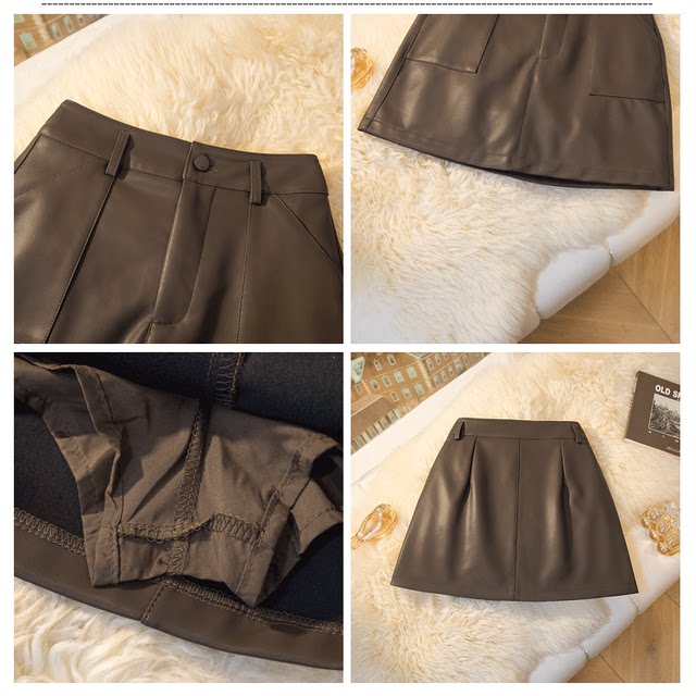 Fashionable pocket PU leather suit skirt for women 2024 autumn and winter versatile high-waisted A-line skirt to make them look slim and short skirt
