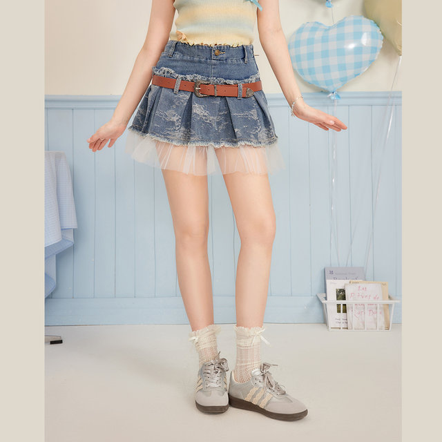 SEENFAAN is full of new summer style versatile washing color-blocking spliced ​​lace texture denim skirt women's fur edge
