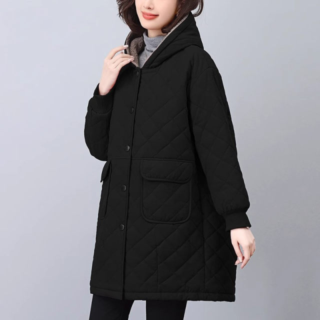 Diamond cotton coat for women's mid-length cotton coat with velvet thickened autumn and winter middle-aged mother's cotton coat ~ Clearance special price
