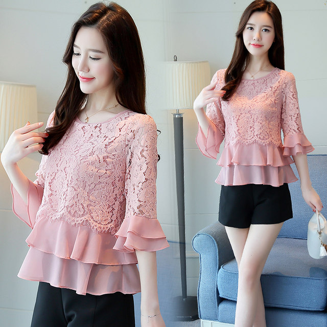2025 Spring and Autumn New Three-quarter Sleeve Ruffled Chiffon Lace Shirt Round Neck Flap Sleeve Top Women's Belly Covering Base Shirt
