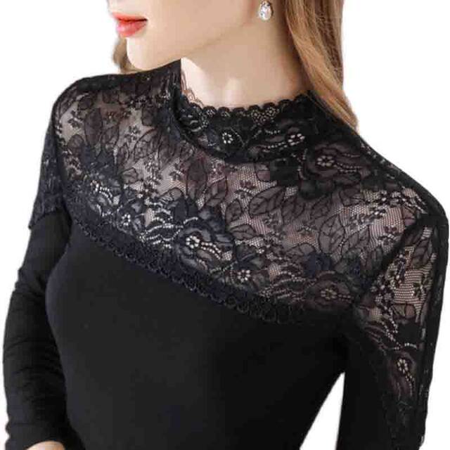 2025 women's spring and autumn new product lace spliced ​​stand collar long sleeves for women's inner slim fit slim bottom shirt for women