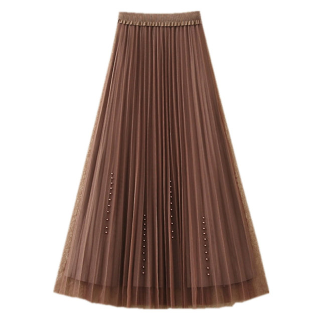 Through -dressed skirt on both sides, spring and summer, women's high -waisted beaded pleated skirt A -line medium long net yarn skirt
