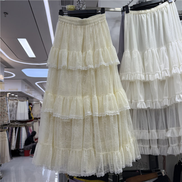 Gentle and sweet lace skirt for women in spring and summer new high-waisted ruffle skirt spliced ​​layered mesh cake skirt