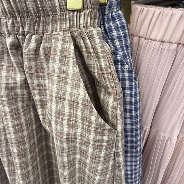 Retro plaid pocket skirt for women in spring and summer new high-waisted ruffle skirt for women lace spliced ​​plaid a-line skirt