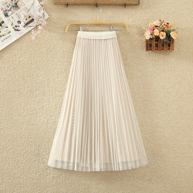Through -dressed skirt on both sides, spring and summer, women's high -waisted beaded pleated skirt A -line medium long net yarn skirt

