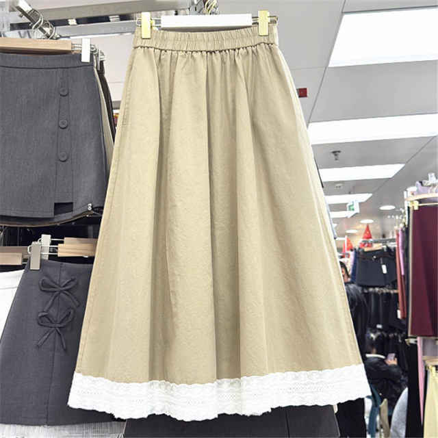 Washed cotton pocket skirt for women in spring and summer new high-waist casual versatile cotton skirt lace spliced ​​a-line skirt