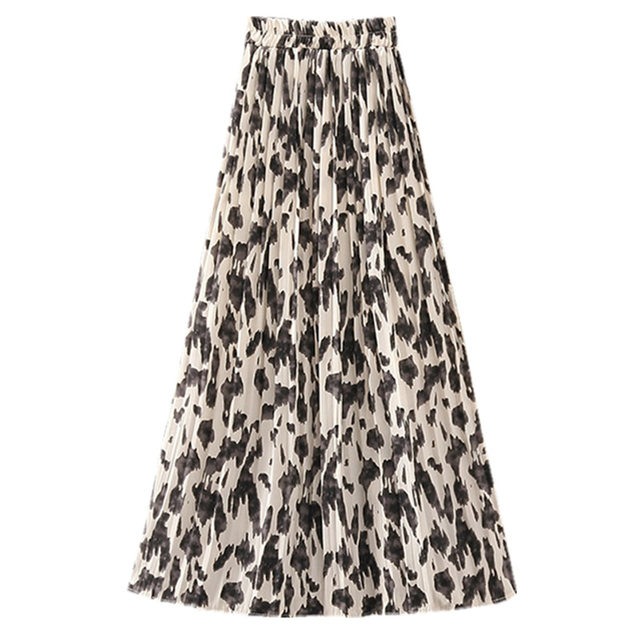 Retro leopard print skirt for women summer high waist slim mid-length printed chiffon pleated skirt A-line beach long skirt
