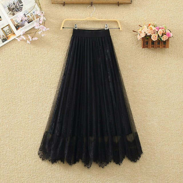 Golden velvet pleated skirt women's spring and autumn retro waist tight waist is thin and versatile A -line lace mesh mid -length skirt