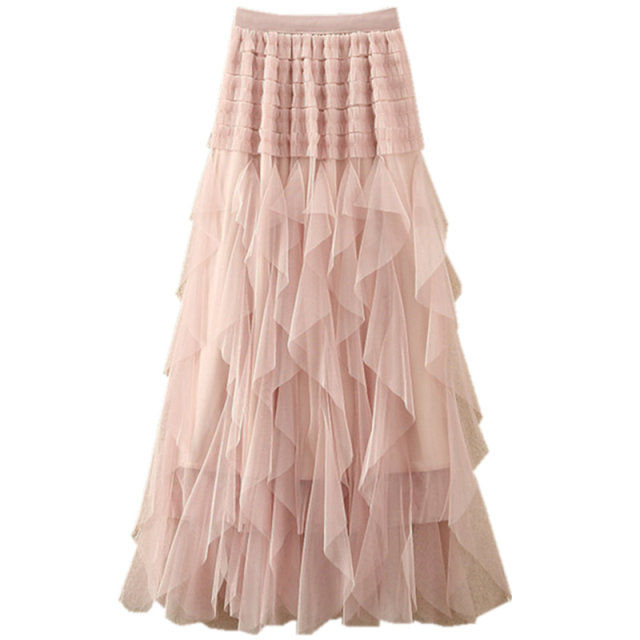 Irregular mesh skirt spring and summer women's new high -waisted puffed lotus leaf cake skirt medium long A -line skirt