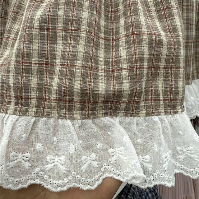 Retro plaid pocket skirt for women in spring and summer new high-waisted ruffle skirt for women lace spliced ​​plaid a-line skirt
