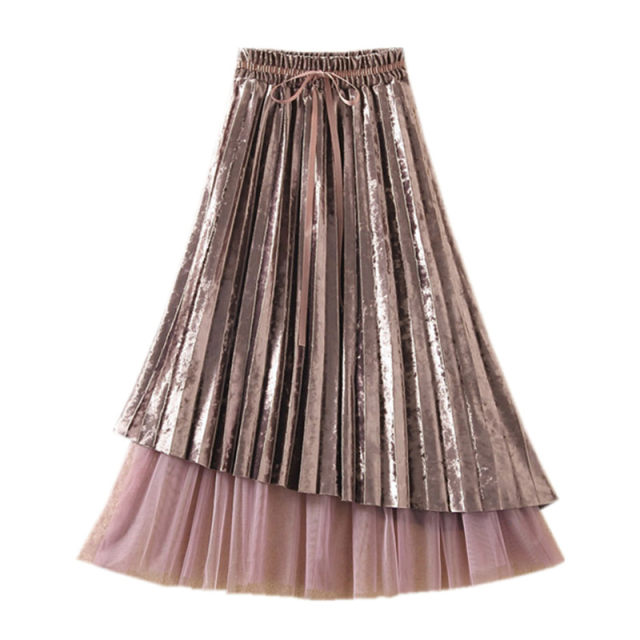 Spring and autumn Korean version of high waist is thin and sweet, sweet net gauze, golden velvet skirt in the long fairy skirt in the middle of the golden velvet skirt
