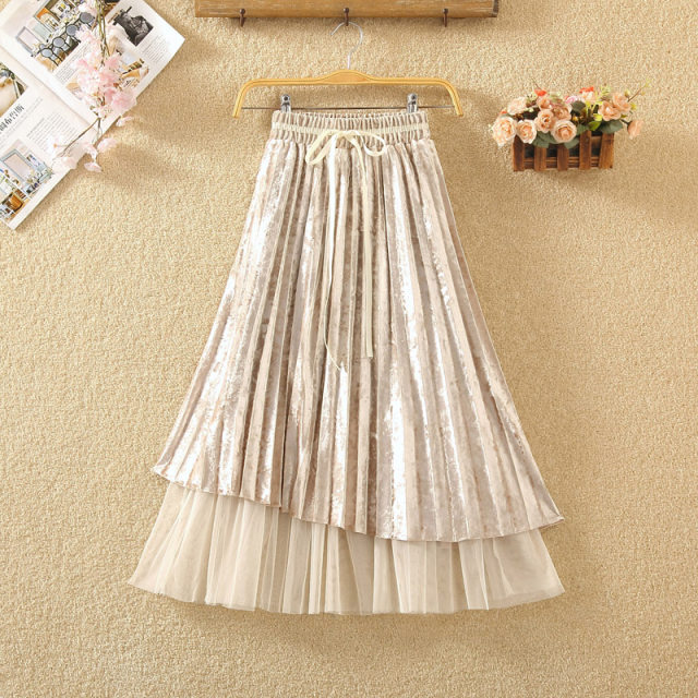 Spring and autumn Korean version of high waist is thin and sweet, sweet net gauze, golden velvet skirt in the long fairy skirt in the middle of the golden velvet skirt