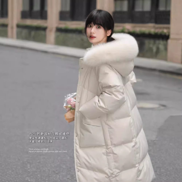 Ruonan 2024 down jacket women's middle length Korean version loose, thick, simple, simple winter Da Mao collar college wind outside the wind