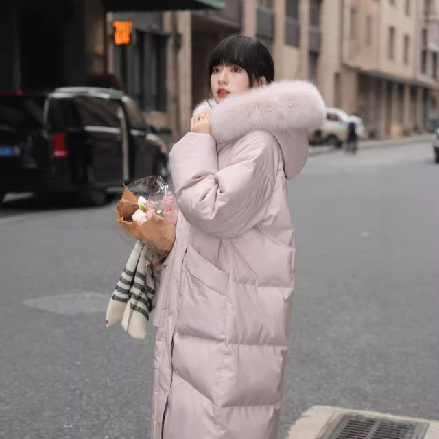 Ruonan 2024 down jacket women's middle length Korean version loose, thick, simple, simple winter Da Mao collar college wind outside the wind