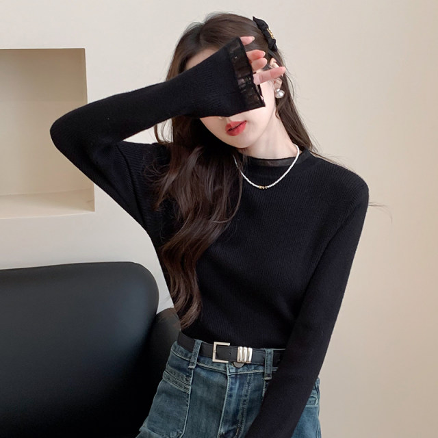 Tangshi sweater women's inner wear 2024 autumn and winter new style half turtleneck splicing bottoming shirt Maillard top white