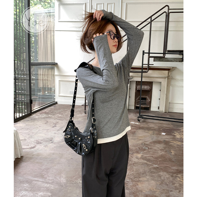 Yoe grey slim base shirt looks slim and layered fake two-piece long-sleeved T-shirt for women in spring and autumn high-end splicing ladies top
