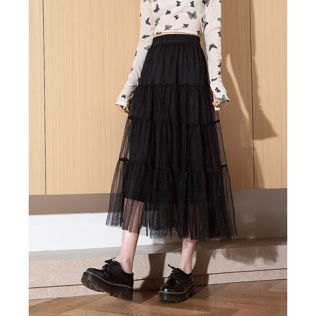 Tang Shi 2025 Spring New Women's Skirt Mid-length Pleated Cake Skirt Versatile Black Slim Gauze Skirt
