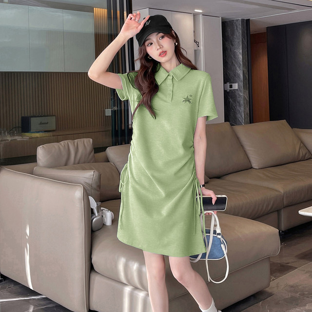 Tang Shi short-sleeved polo collar dress for women 2024 new small casual skirt design drawstring to make them look slim e5