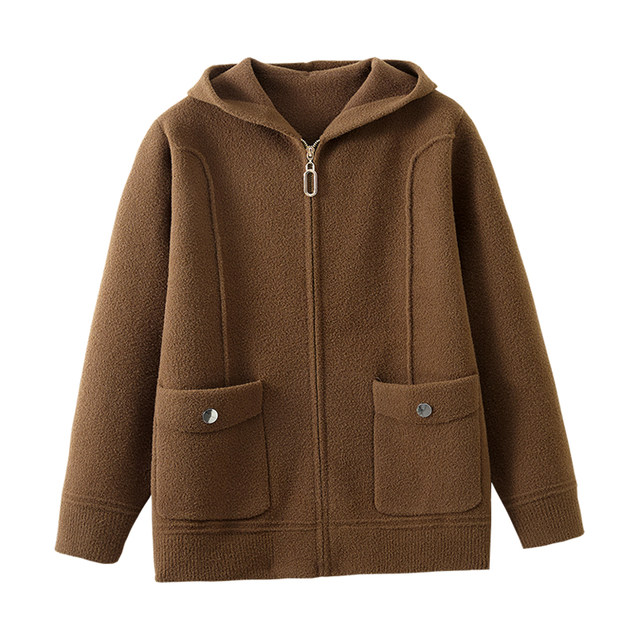 Hengyuanxiang Group Caiyang Mama Autumn and Winter New Double-sided Woolen Jacket Middle-aged and Elderly Hooded Cardigan Woolen Top Women