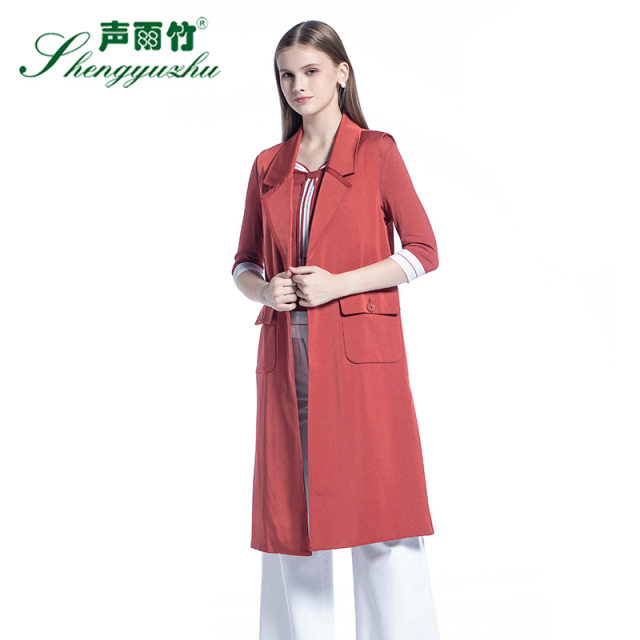Shengyuzhu counter autumn and winter windbreaker mid-length solid color sleeveless suit collar fashionable Korean version waist-hugging to make you look thin