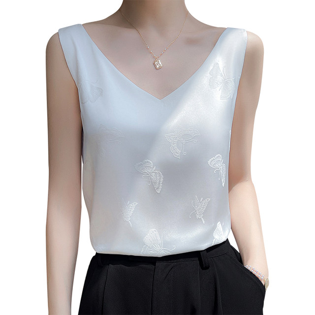 French silk suspender for women with loose butterfly white acetate broadband vest outside wearing satin V-neck top summer
