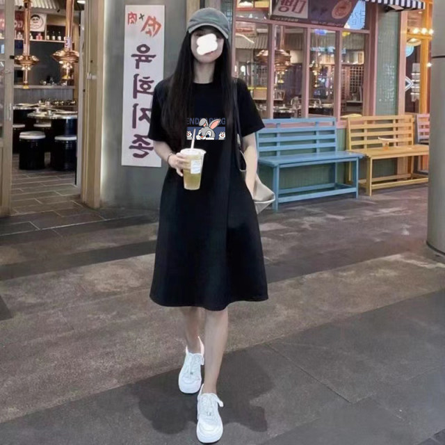 Casual large size mid-length over-knee dress 2025 summer round neck short-sleeved T-shirt skirt Korean loose long skirt women
