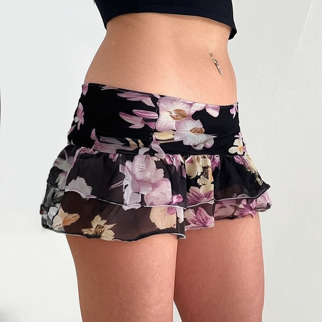 FabGirls romantic floral print cascading low waist cake skirt retro versatile slim mini skirt