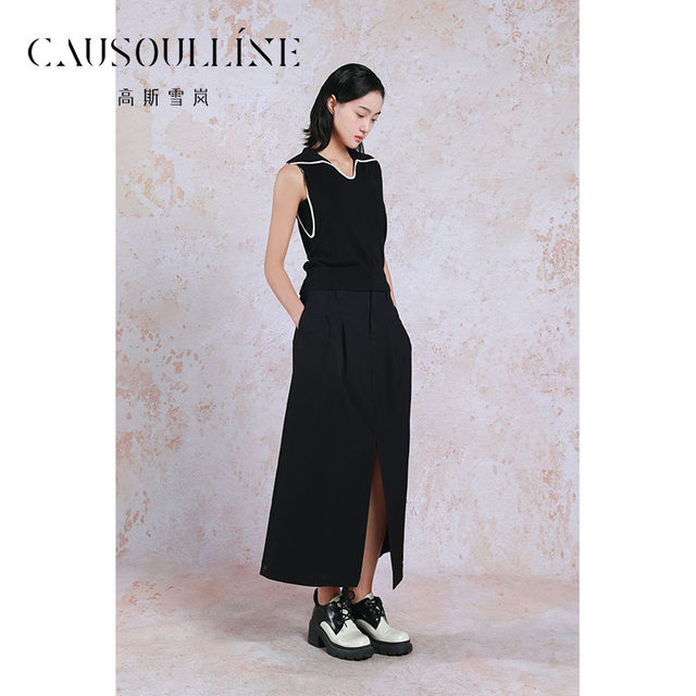 Gaos Xuelan 2025 summer new irregular spliced ​​slit skirt retro elegant little black skirt 25217385