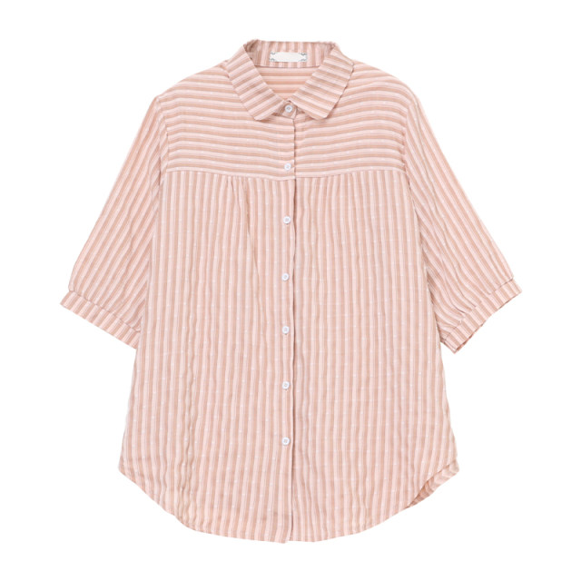 Cropped sleeve shirt for women in summer new plus size plus size women's loose mid-length trendy striped short-sleeved shirt