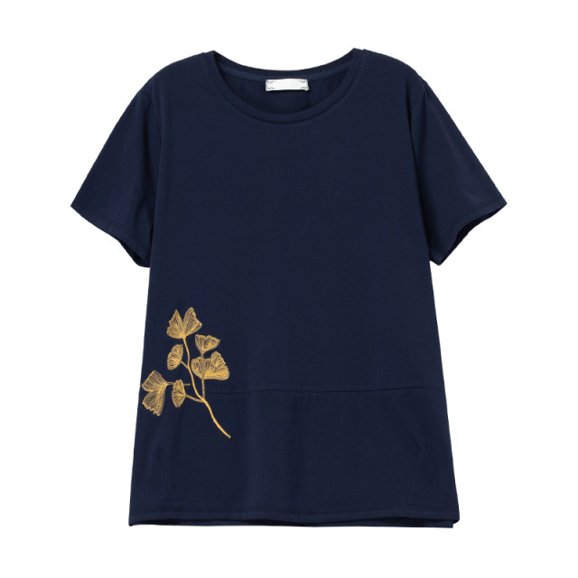 Short -sleeved T -shirt women in summer plus fertilizer, increase women's loose middle -aged mother embroidered casual cotton thin and thin