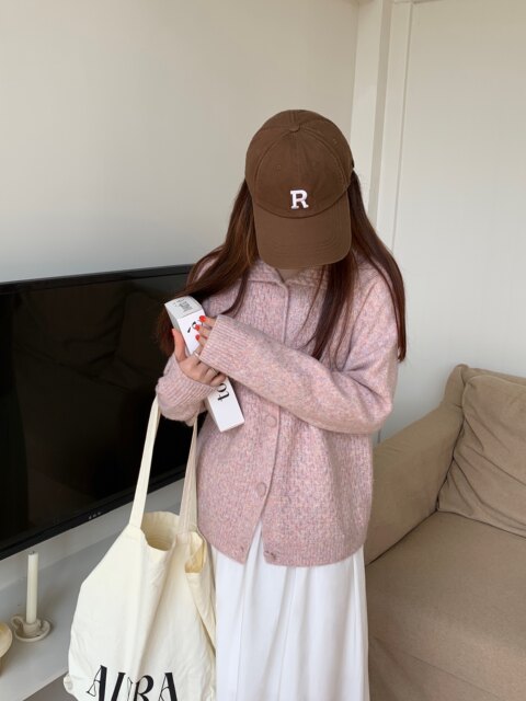 Sweet girl mixed pink buckle lapel cardigan sweater for women Spring and Autumn 2025 lazy style thickened outer sweater jacket
