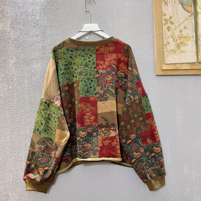 Personalized sweatshirt for women 2024 spring new loose large size retro printed terry cotton round neck ladies top