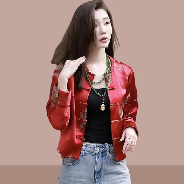 New Chinese style embroidered one-button short jacket for women 2024 spring and autumn style high-end red national style New Year greeting top