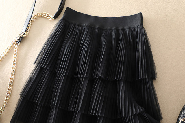 Pleated mesh cake skirt women's summer French high -waisted A -shaped thin versatile age reduction small short skirt