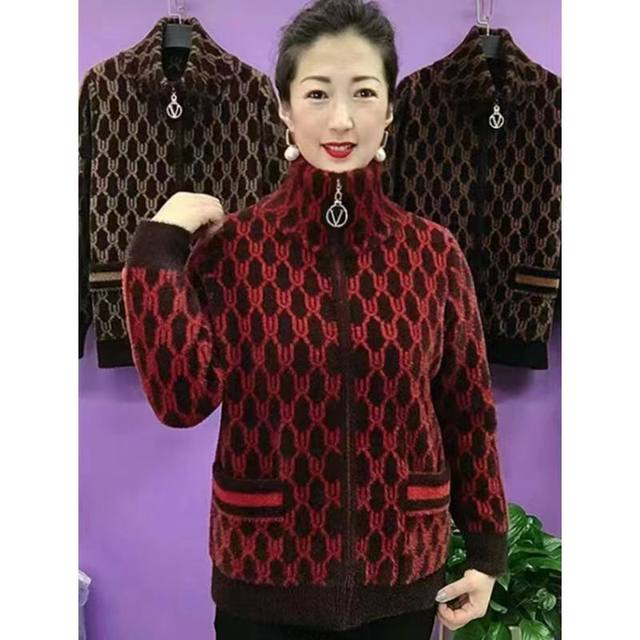 New autumn and winter style middle-aged and elderly mothers' imitation mink velvet knitted tops temperament women's lapel zipper versatile jacket