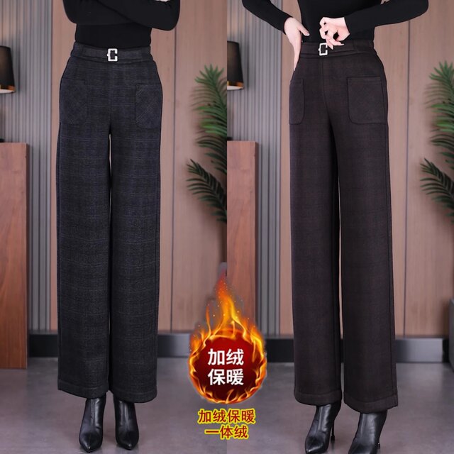 Autumn and winter nine-point straight pants plus velvet and thickened woolen warm wide-leg pants high-waisted large size stretchy loose mom pants