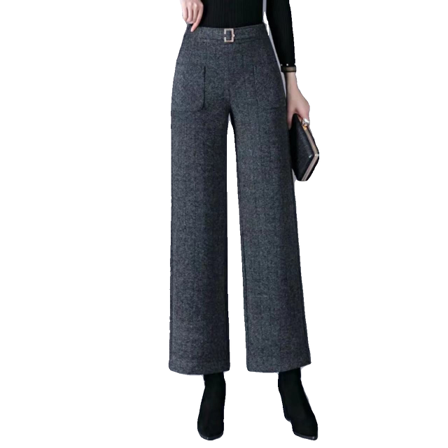 Autumn and winter nine-point straight pants plus velvet and thickened woolen warm wide-leg pants high-waisted large size stretchy loose mom pants