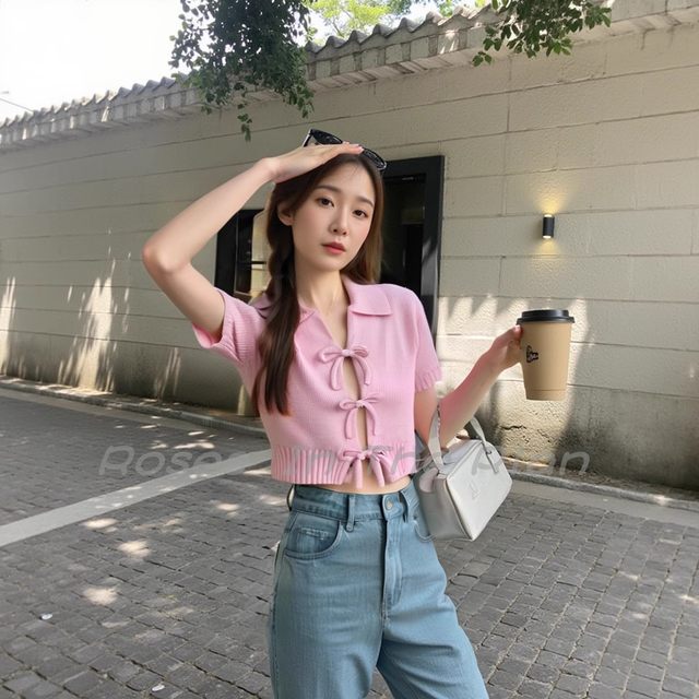2025 Spring New Products Women's Clothing Bow-decorated Knitted Short Sleeve Round Neck Top 2142007 637
