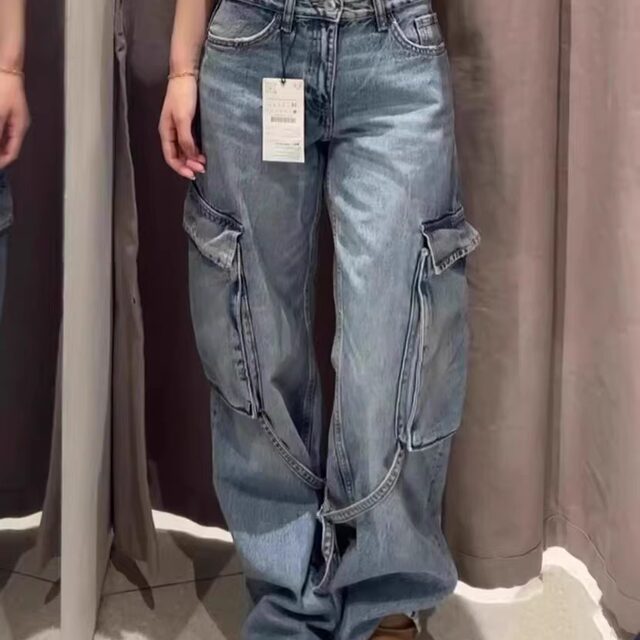 2025 Spring new style women's clothing straps workwear mid-waist jeans straight trousers8197237 807