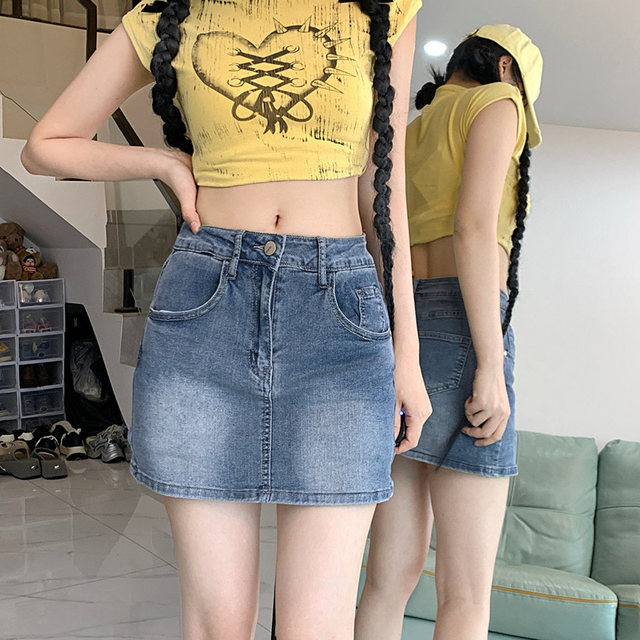 New retro washing and versatile temperament denim skirt Korean summer fashion hip-pack A-line short skirt
