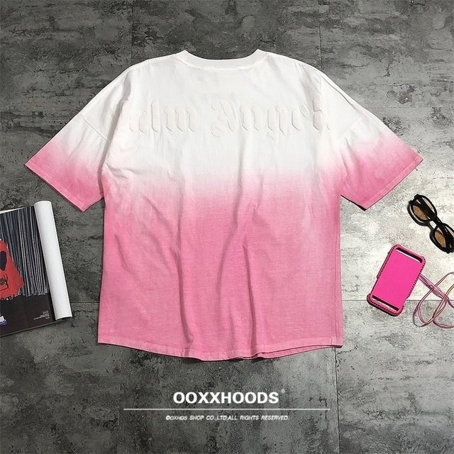 Finished work tie-dye gradient cherry blossom pink foam printed loose body os boyfriend bf lazy yuppie high street T-shirt