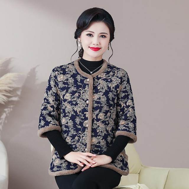 Mom adds velvet warmth in autumn and winter for 7-quarter sleeve vest for the elderly, round neck, middle-sleeved cotton coat, middle-aged and elderly large-size loose top