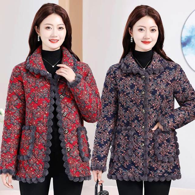 
Western Mom's Plush Cotton Jacket 2024 Winter Women's Floral Thickened Jacket Loose Cotton Clothes Grandma's Warm Cotton Clothes