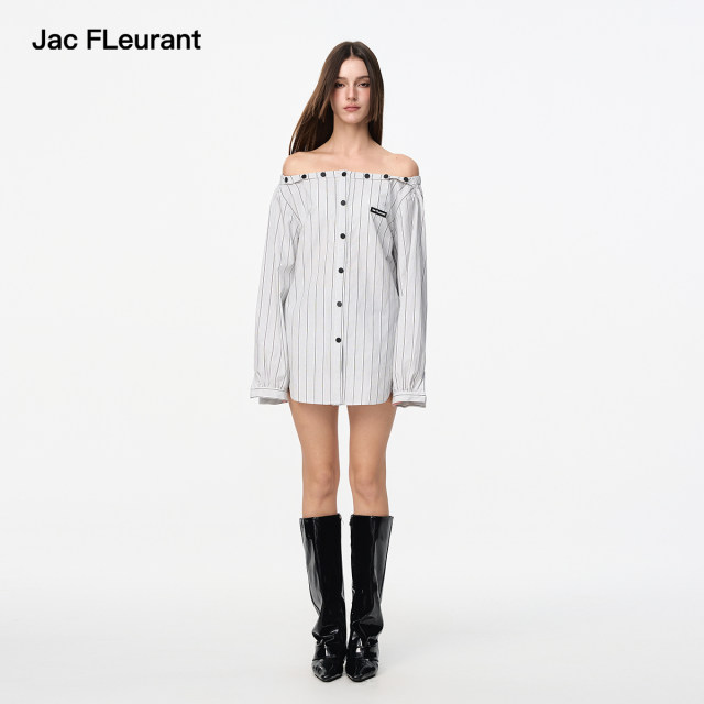 JAC FLEURANT2025 Spring and Summer New Style Shirt Women's Long Sleeve Striped Loose White One-Shoulder Waist Shirt
