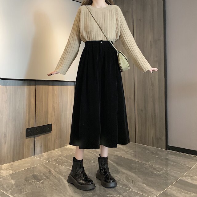 Autumn and winter new fat MM high -waisted medium long skirt velvet A -line skirt temperament versatile large size thin pocket long skirt
